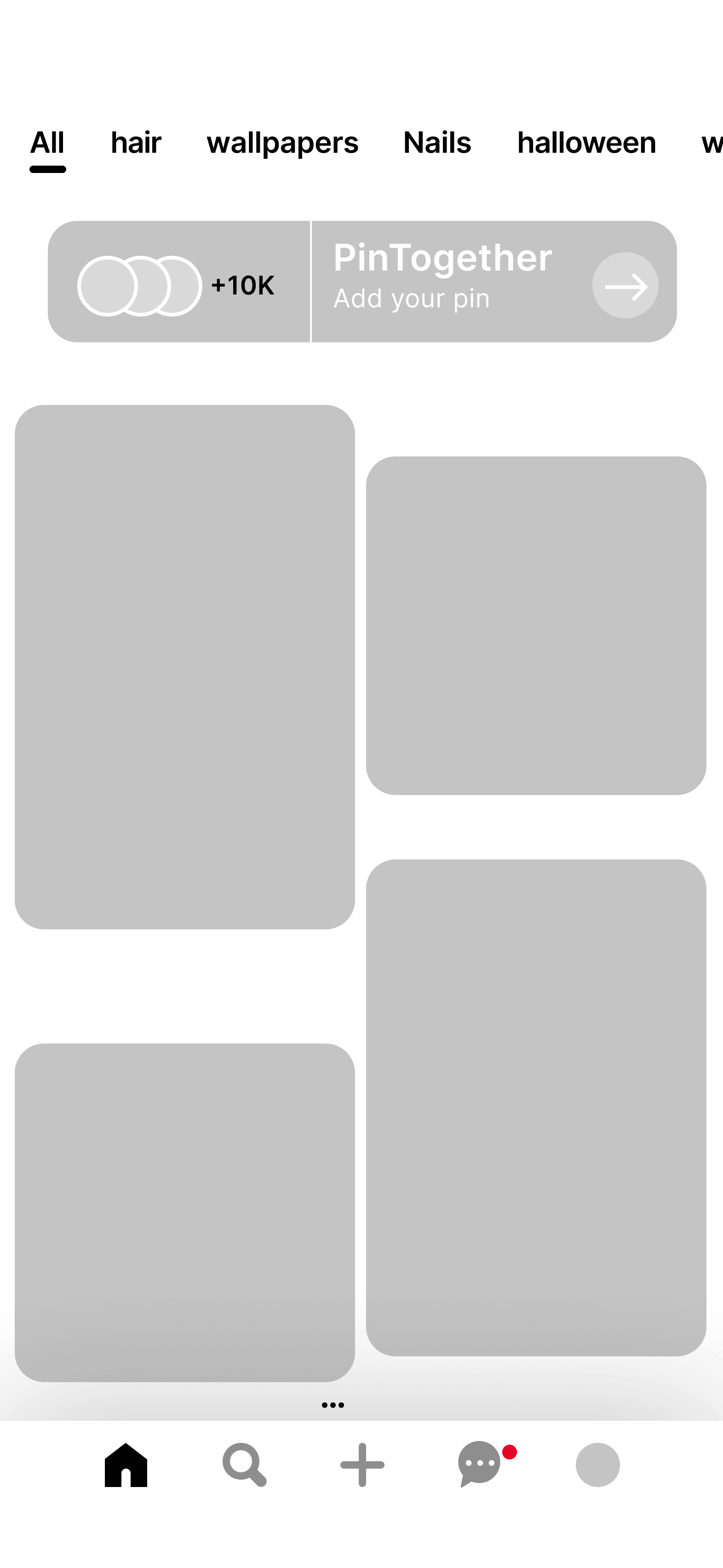 Concept mockup of a PinTogether banner pinned to the top of the Pinterest Home feed