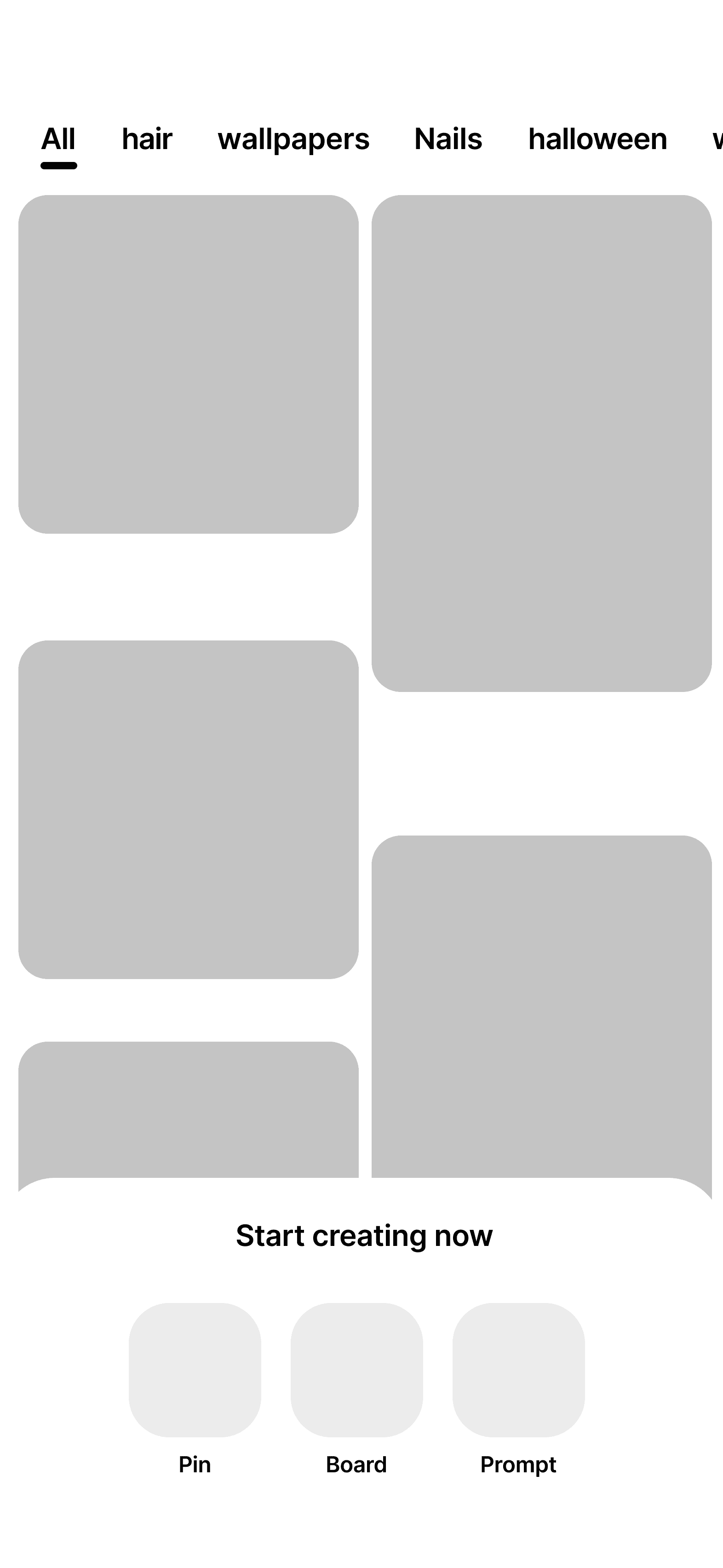 Concept mockup of a Prompt option added alongside Pin and Board in Pinterest's create/navigation sheet