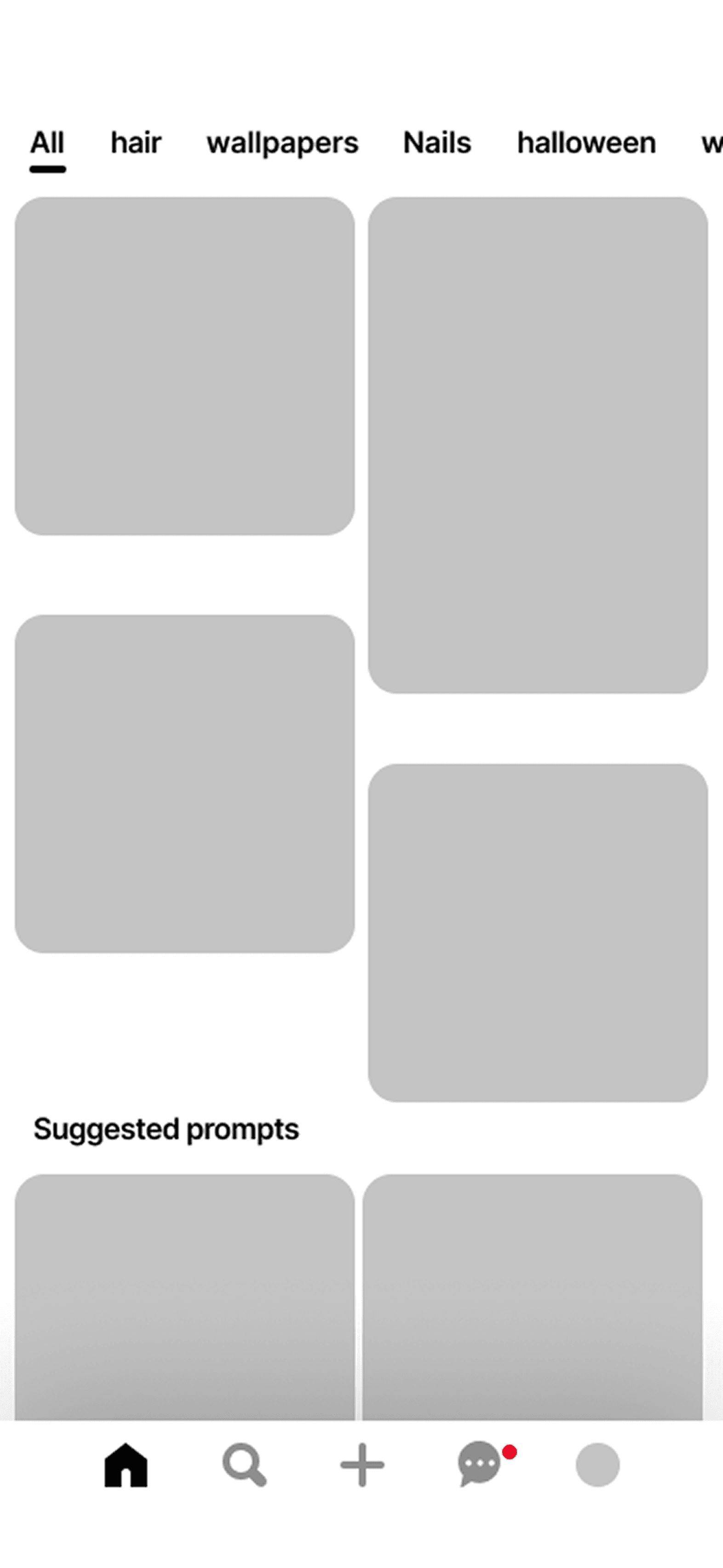 Concept mockup of a Suggested Prompts section placed further down within the Pinterest Home feed
