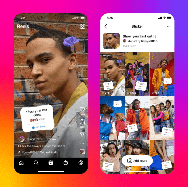 Two Instagram Reels screens showing an Add Yours sticker prompting 'Show your last outfit' and the resulting grid of other users' responses