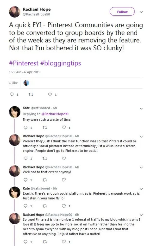 A Twitter thread where a Pinterest user notes that Pinterest Communities were being converted into group boards because the feature was being removed
