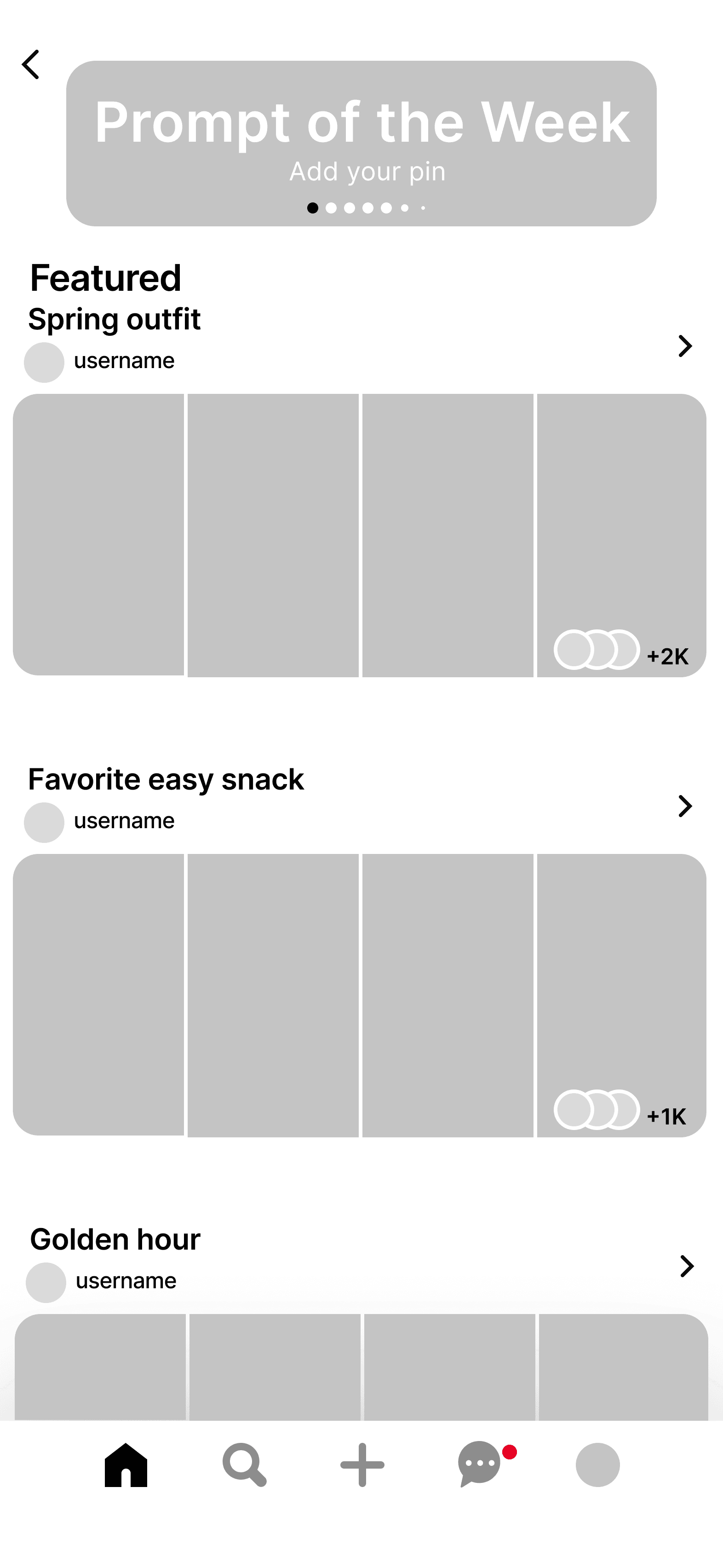 After: a Prompt of the Week carousel card replacing the open search bar at the top of the screen