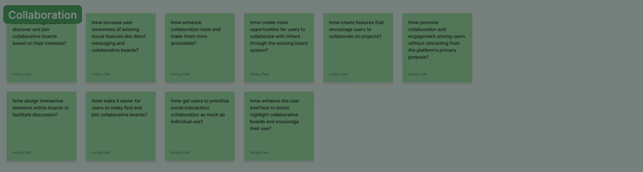 FigJam board of How Might We questions grouped under the Collaboration opportunity area