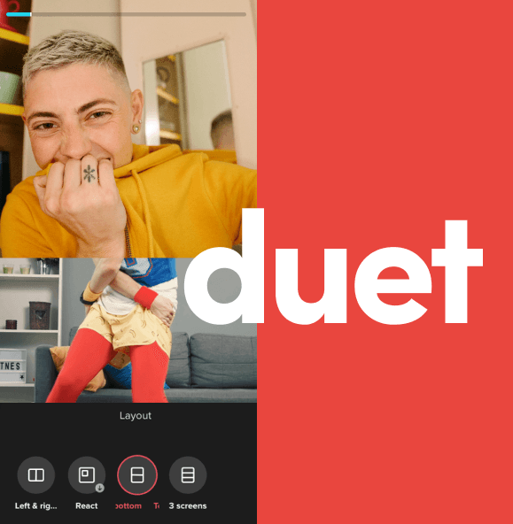 TikTok's Duet layout screen, showing a split-screen video filmed alongside another creator's clip