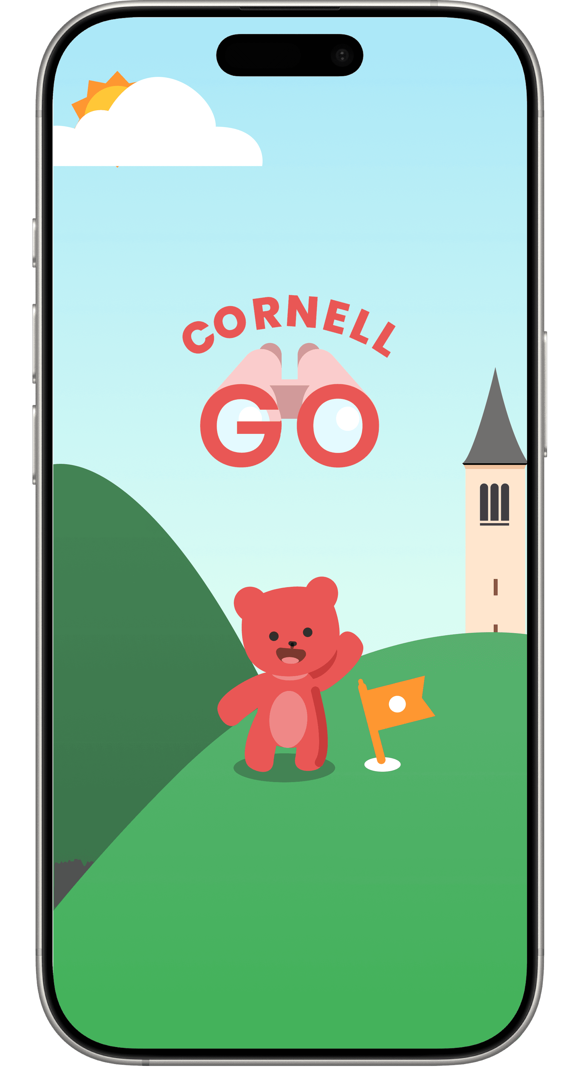 CornellGo app splash screen, showing the CornellGo logo, mascot, and McGraw Tower