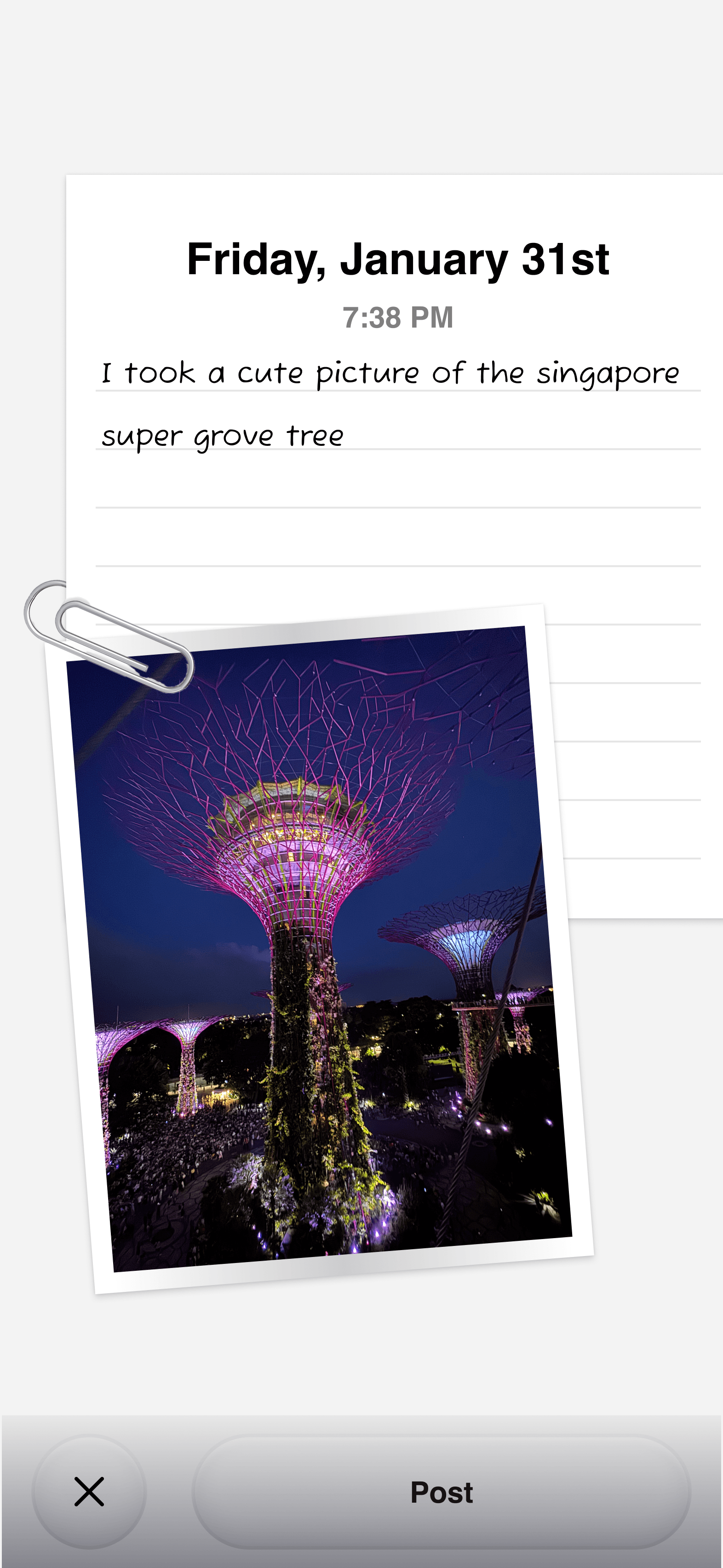 A journal entry with a photo of the Singapore Super Grove trees clipped to the page