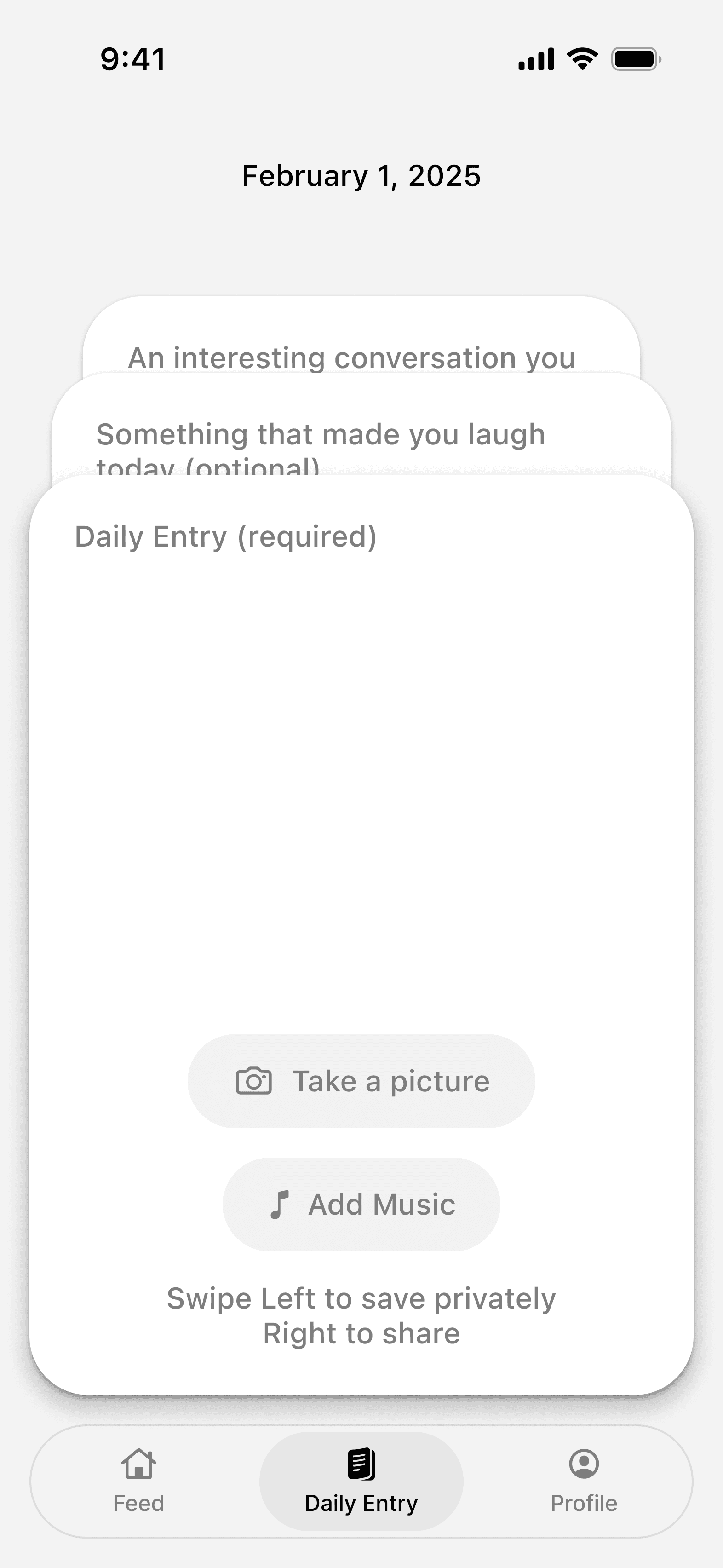 Souvenir's daily entry screen showing a stack of writing prompt cards