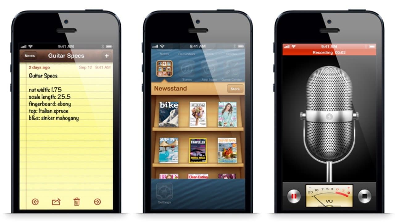 Reference screenshots of early skeuomorphic iOS apps: Notes, Newsstand, and Voice Memos